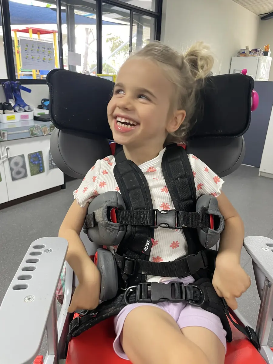 Adeline, a young Australian child with CDKL5 deficiency disorder, during a school day